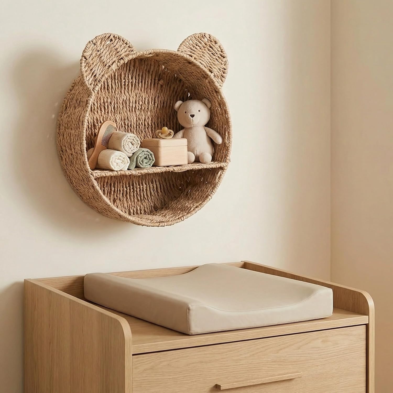 12.6-inch Bear Rattan Shelf, Handwoven Wicker Rack Round Shelf for Wall, Wall-Mounted Floating Display Shelf Organizer for Small Books, Toys & Decor