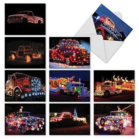 'M3282 ALL TRUCKED UP' 10 Assorted All Occasions Note Cards Featuring Trucks Adorned With Holiday Lights with Envelopes by The Best Card