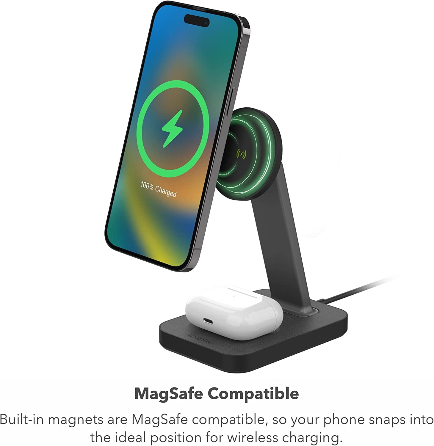 mophie Snap+ 2-in-1Charge Stand & Pad - 15w Wireless Charger Compatible with iPhones & AirPods Includes Snap+ Adapter for other Qi Enabled Phones Steel Base Adjustable Angles