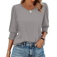 thumbnail image 4 of bbyeadc Womens Summer Tops 2025 Crew Neck Puff Cuff Pleated Shirts Three Quarter Sleeve Dressy Casual Loose Fit Trendy T-Shirt Blouses Summer Solid Business Tshirts Clothes, Gray M, 4 of 7
