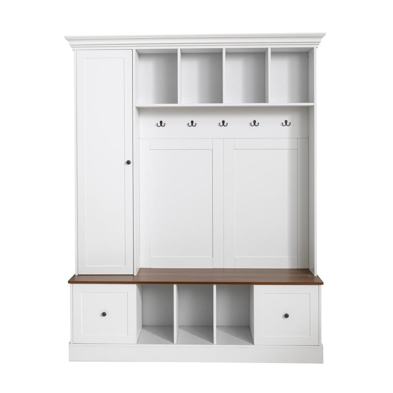 Farmhouse Hall Tree with Open Compartments, Entryway Coat Rack with 5 Hooks and Adjustable Shelf Cabinet, Entryway Bench for Hallway, Entryway, Living Room