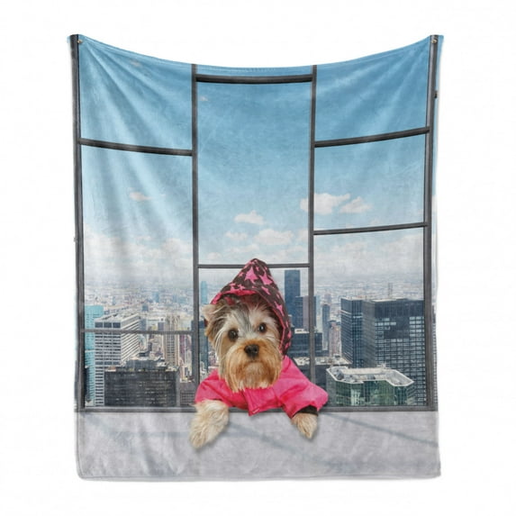 Funny Soft Flannel Fleece Blanket, Whimsical Little Dog in a Starry Raincoat on Window Big City Panorama Scene, Cozy Plush for Indoor and Outdoor Use, 50" x 60", Pink Grey Sky Blue, by Ambesonne