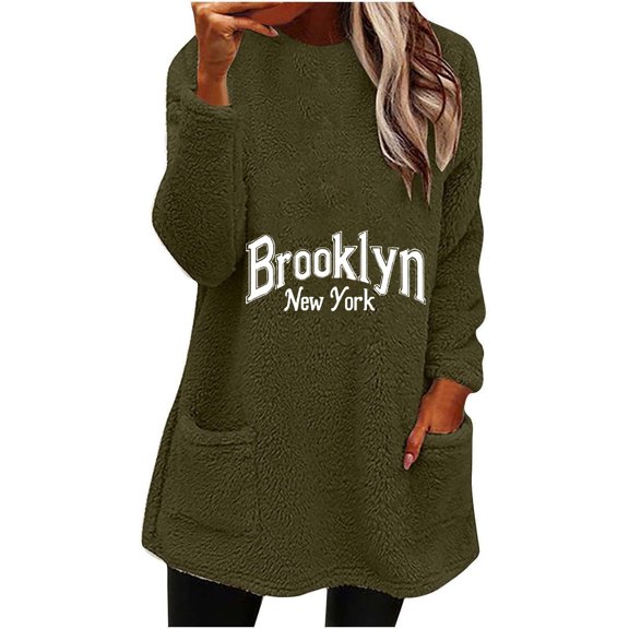 Lovskoo Fuzzy Fleece Pullover Tops for Women Winter Warm Round Neck Printed Long Sleeve with Pocket Solid Color Warm Top Olive Green