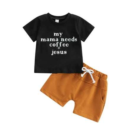 

Toddler Boy Summer Clothes Set Short Sleeve Round Neck Letter Print T-Shirt + Solid Color Elastic Waist Shorts