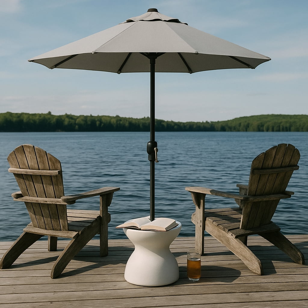 Dunn-Rite ShadeTable Water-Filled Pool Umbrella Outdoor Base and Side Table, Fits 1.5" Pool Umbrella for Inside of Pool, Use on Patios, Docks, in-Water up to 12" Deep, Made in USA, White