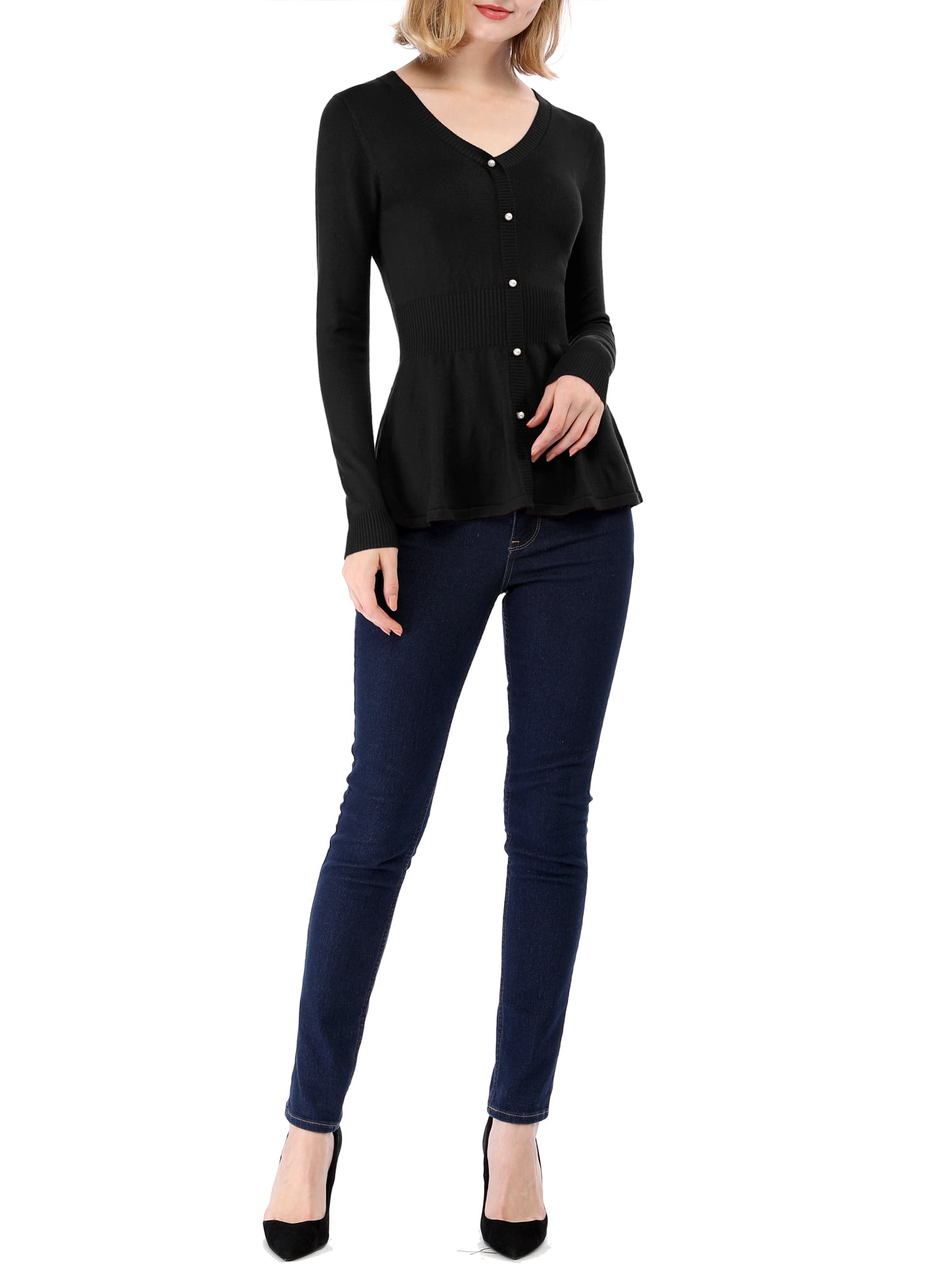 DARING DIVA Women's Peplum Top Smocked Long Sleeve Knit Sweater XL Black