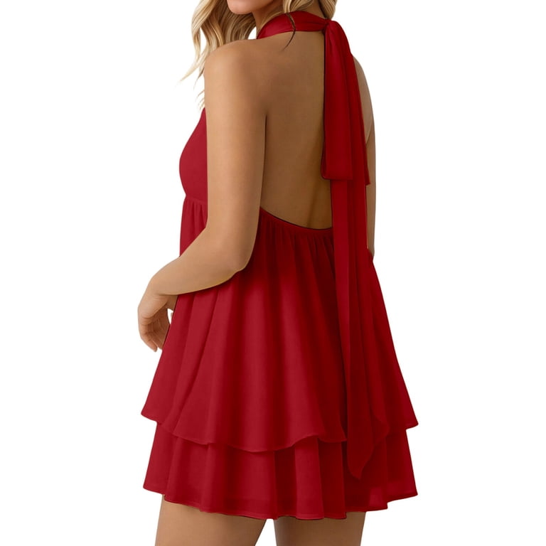 Xfeng.women's Halter Sleeveless Open Back Mini Dress, Layered Chiffon Flowy Party Short Dress.Red.L, Size: Large