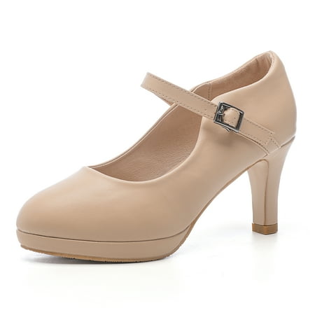 DADAWEN Women s Pumps Round Toe Platform Heels Mary Janes Dress Heels Bridal Wedding Party Shoes Nude US Size 7.5