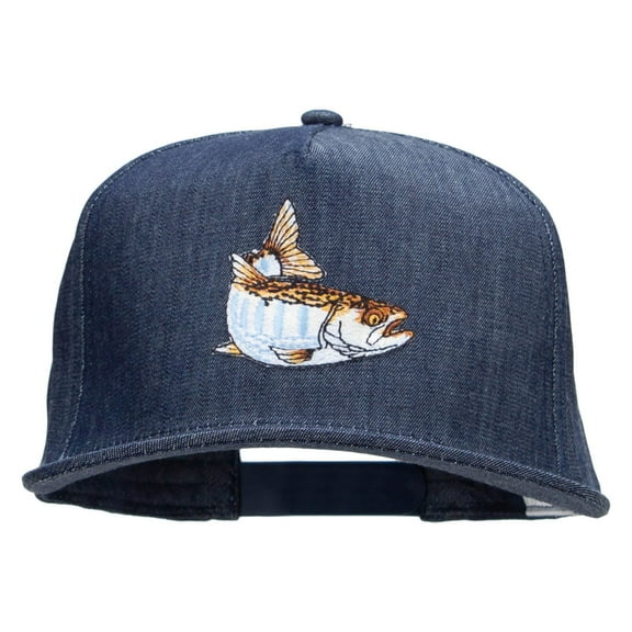 Striped Trout Fish Patched 5 Panel Flat Bill Snapback Cap - Denim Navy OSFM