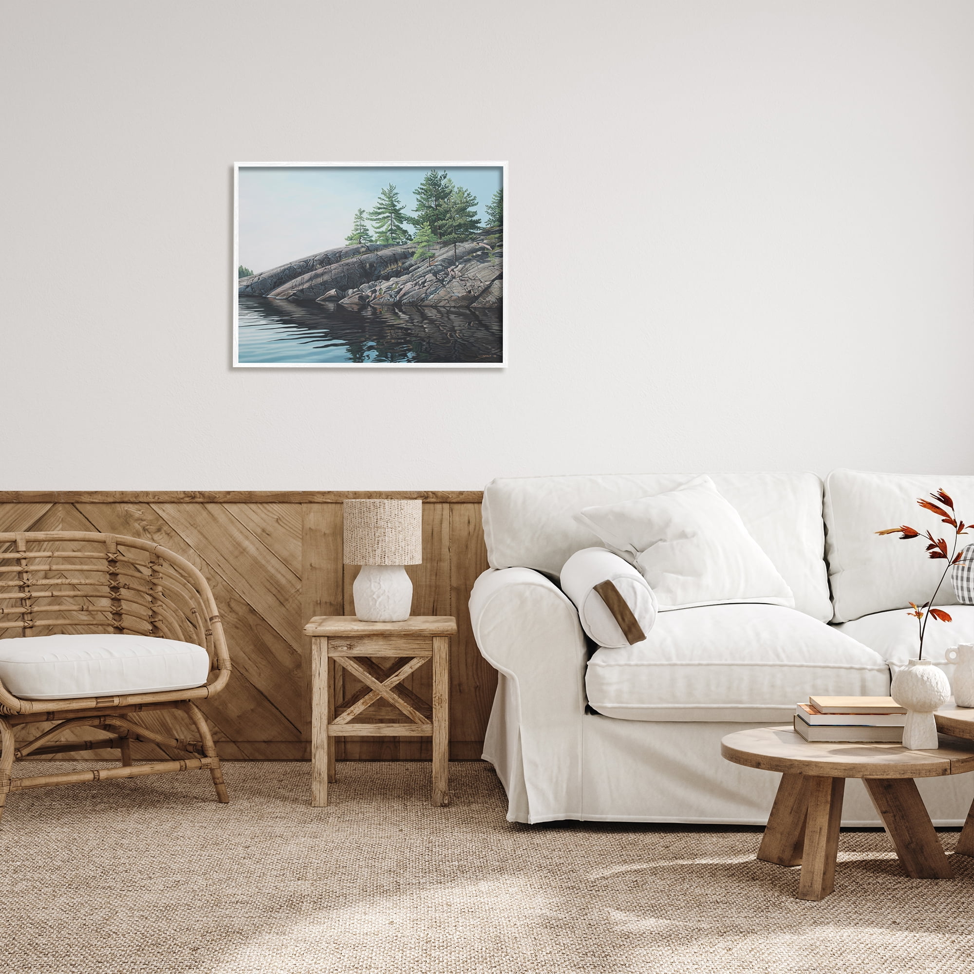 Stupell Industries Rocky Lake Scenery Nature Painting White Framed Art Print Wall Art, 30 x 24