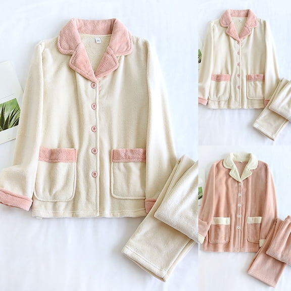 Solid Color Flannel Pajama Long Sleeve Thermal Winter Sleepwear Button Down Shirt Womens Pjs Sets Pink M