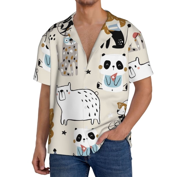 Fotbe Hand Drawn Animals Camisa Estampada de Manga Corta para Hombre, Casual de Verano, Estilo Playero, Sin Arrugas-Medium