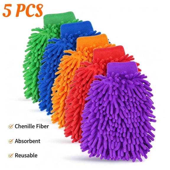 OFEFE 5 Pieces Microfiber Car Wash Mitt-Car Wash Mitts Chenille Microfiber Wash Mitts,Wash Mitts for Car Washing Double Sided Scratch-Free(6.7x10.3")