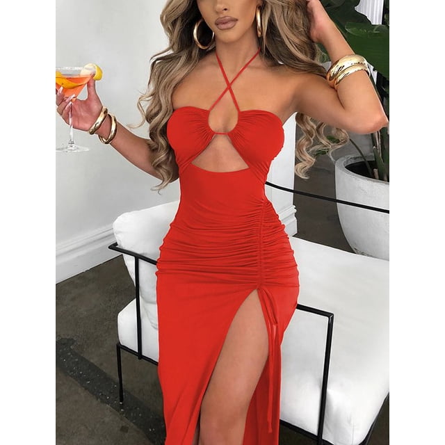 Cryptographic Hot Summer Sexy Halter Backless Sleeveless Cut Out Maxi Dress for Women Elegant Club Party Slit Dresses VestidoM Gao Jinjia LED