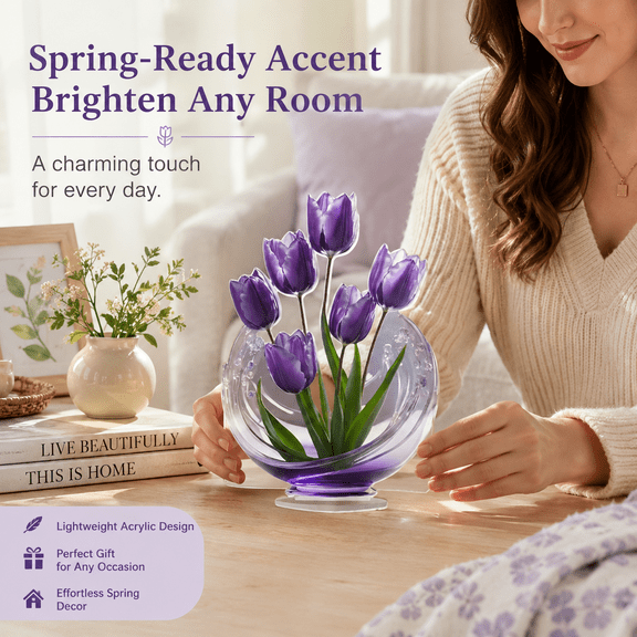Elegant Purple Tulip Acrylic Decoration, Floral Desktop Ornament, Exquisite Vivid Figurine for Home Office Tabletop Shelf and Gifting Decor Display Use, Color, 1pc
