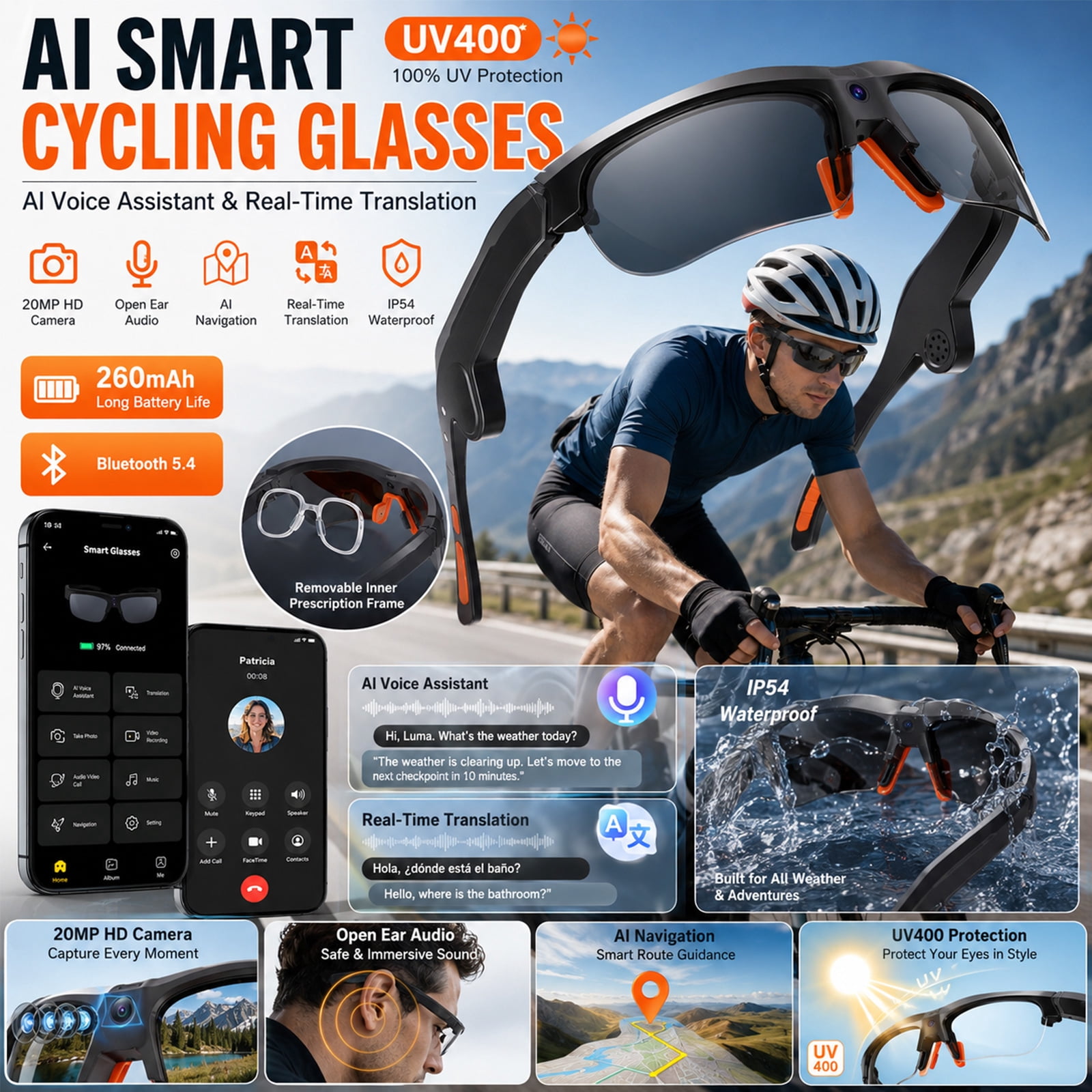 AI Smart Sports Sunglasses with 20MP Camera, Open-Ear Audio, Real-Time Translation, EIS Stabilization, Photochromic UV400 Lenses for Cycling, Hiking & Outdoor Activities, Black