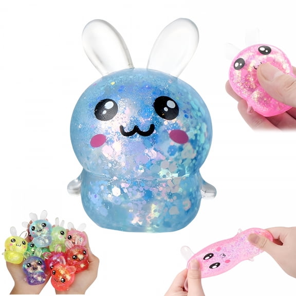CYFW Bunny Sugar Squeeze Stress Balls for All Ages,Glitter Sensory Bunny Squeeze Ball,Slow Rise Rabbit Sugar Ball Fidget Squeeze Toys for Goodie Bag Easter Basket Stuffers(Blue)
