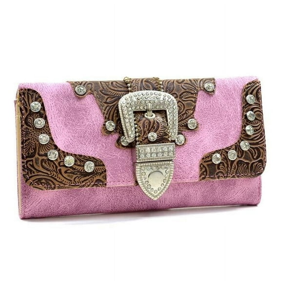 Ritz WB146-PK Western Rhinestone Bling Belt Buckle Trifold Wallet - Pink