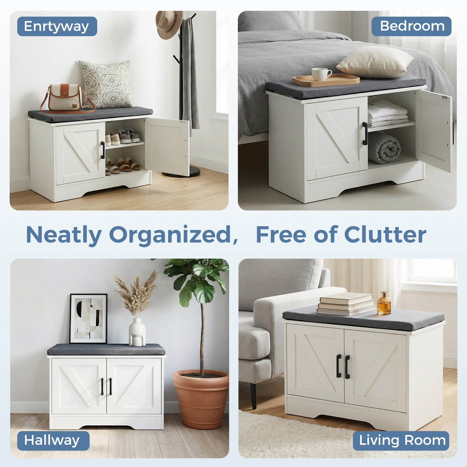 Hommoo Modern Wooden Shoe Storage Cabinet with Cushioned Seat, 47-inch Double-Door Entryway Organizer for Living Room, Hallway & Bedroom, White & Gray