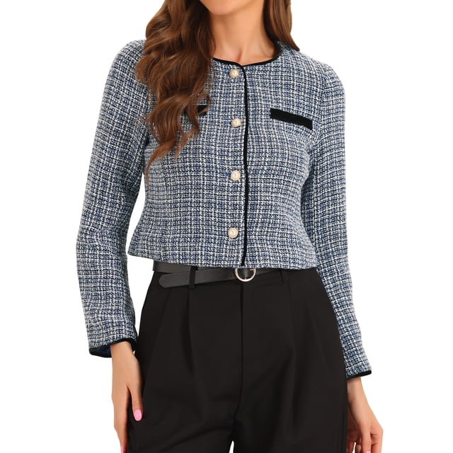 CHAQUETA DE TWEED PARA MUJER CON CUELLO REDONDO Y CIERRE DE BOTONES DE LARGA MANGA M AZUL BLANCO