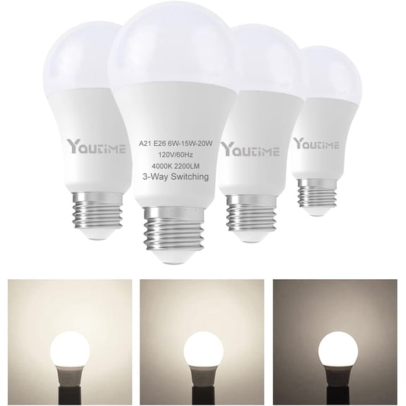 Youtime 3 Way Light Bulbs, 3 Way led Light Bulbs 50 100 150 Watt Equivalent Standard A21,Perfect for Home Lighting Natural White 4000K, 500 1600 2200 Lumens E26 Base,4 Pack