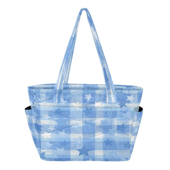 Quilted Tote Bag Large Capacity Multi-Compartment Handbag Lightweight Structured Shoulder Bag Versatile Casual Bag Gentle Blue Stars