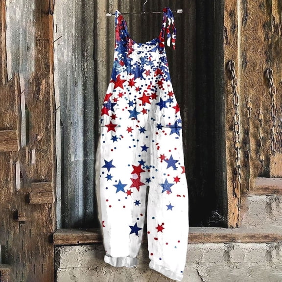 Haivin Women's Casual Jumpsuit, Sleeveless with Two Pockets, Independence Day Print for Everyday Wear
