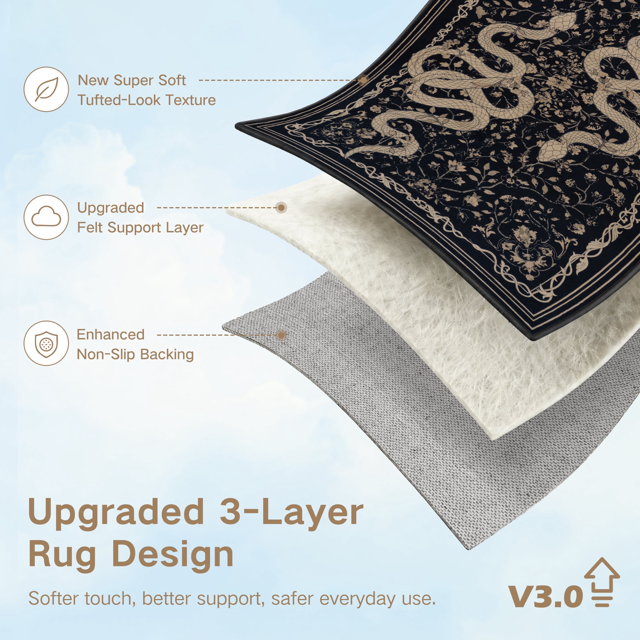 Moynesa Vintage Snake 8'x10' Large Area Rug for Living Room, Washable Black Floral Rug Botanical Statement Accent Carpet for Bedroom Dining Room Home Office Non Slip Stain Resistant Low Pile