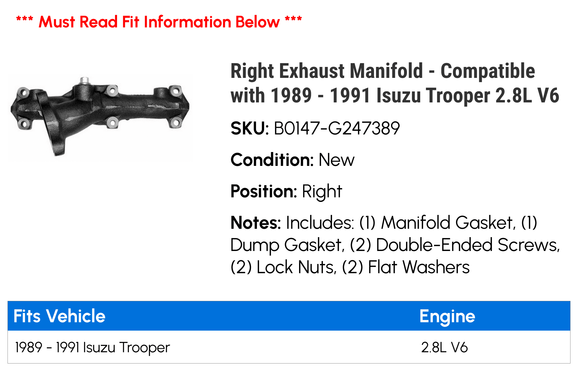 Right Exhaust Manifold - Compatible with 1989 - 1991 Isuzu