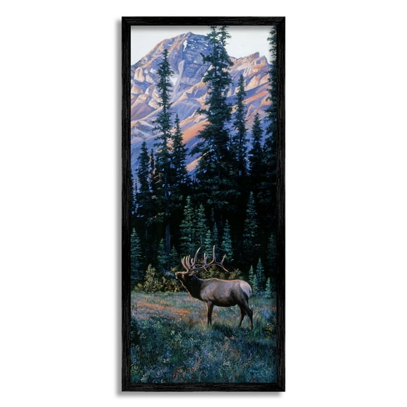 Stupell Industries Deer in Mountain Landscape Nature Painting Black Framed Art Print Wall Art, 10 x 24