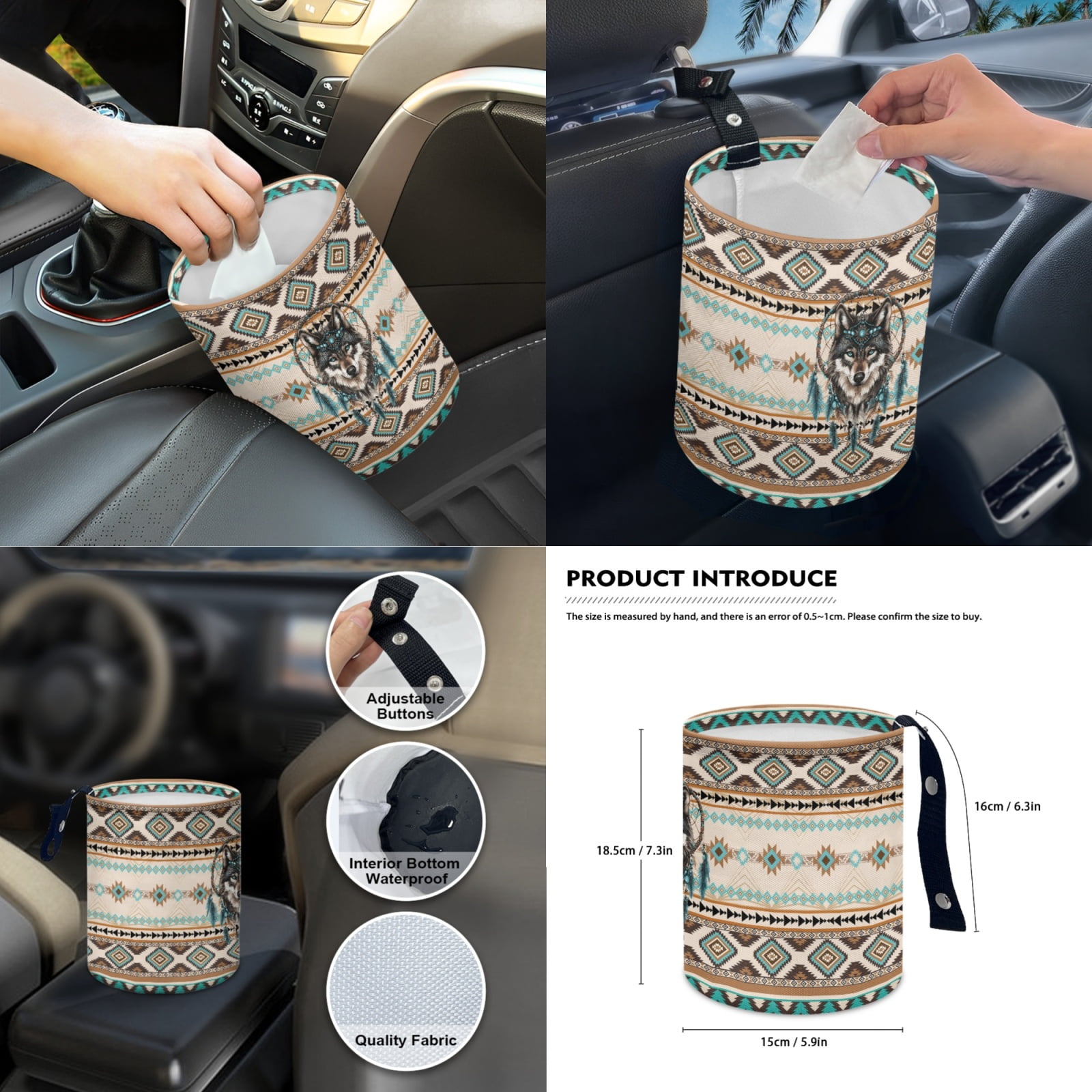 Yuyamidu 14 Piece Aztec Car Seat Covers Full Set Wolf Steering Wheel Cover Seat Belt Pads Garbage Bag Dream Catcher Armrest Cover Handbrake Cover Set Rear View Mirror Protector Coasters
