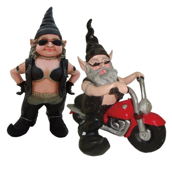 Homestyles "Biker Babe & Dude" the Biker Gnome in Leather Motorcycle Gear Riding His Red Hog Large Outdoor Garden Statue 14.5"H and 12"H