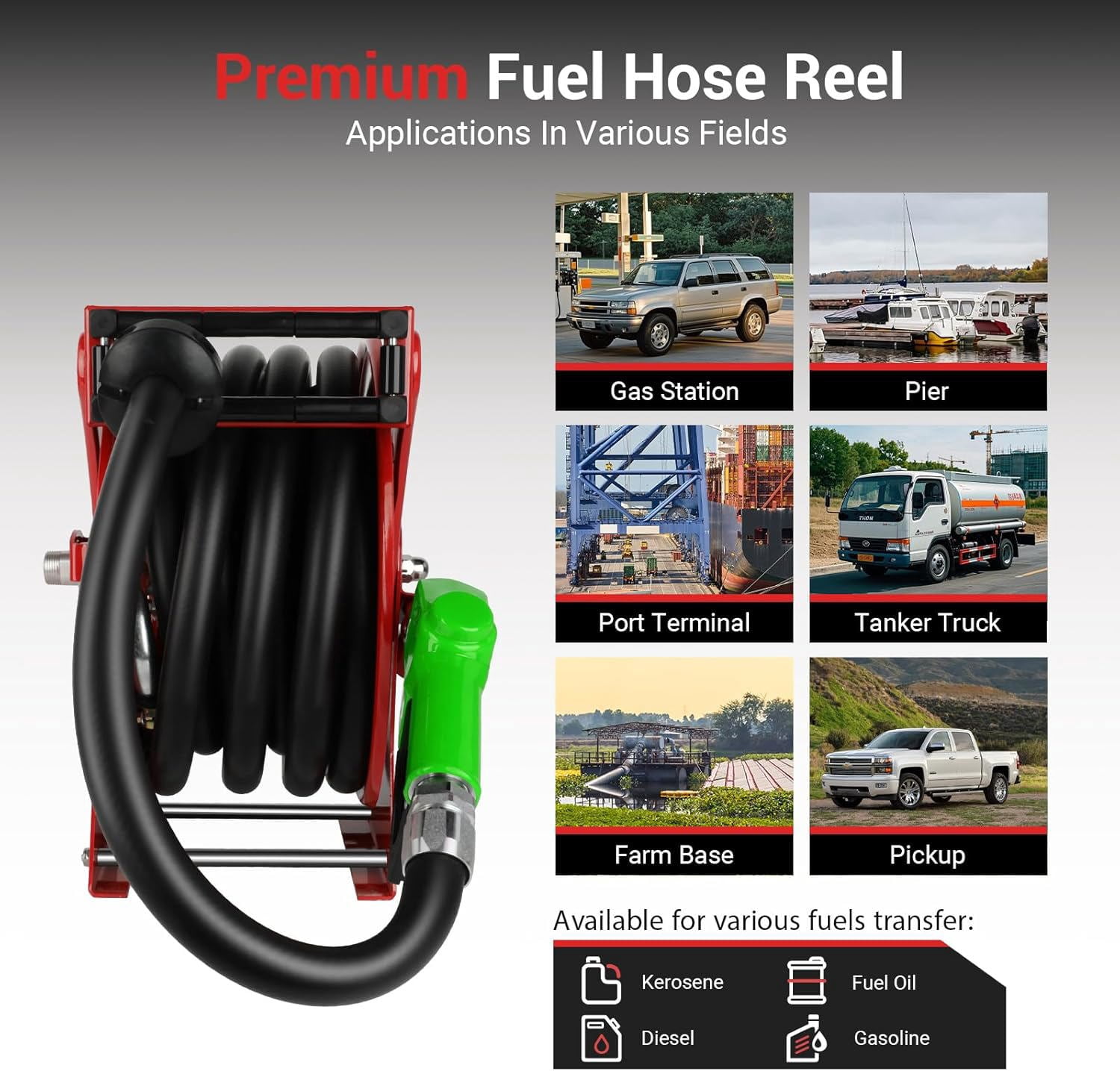 Fuel Hose Reel, 1" x 33' Retractable Diesel Hose Reel, Heavy-Duty Carbon Steel Construction with Automatic Fuel Nozzle, NBR Rubber Hose for Aircraft Ship Vehicle Tank Truck, 300 PSI, Red