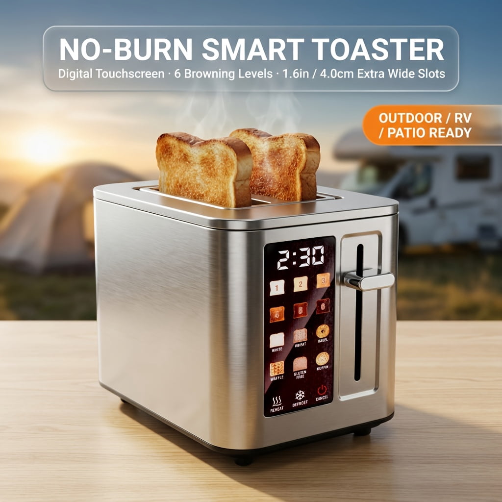 Smart Digital Touch 2-Slice Toaster with Anti-Burn, 6 Bread Types & Shade Levels, Bagel/Defrost/Reheat, 5.1" Slot, Removable Crumb Tray