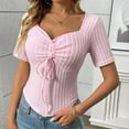 thumbnail image 4 of AherBiu Going out Tops for Women Drawstring Square Neck Low Cut Short Sleeve Ribble Knitted Slim Fitted Cute Shirts, 4 of 8