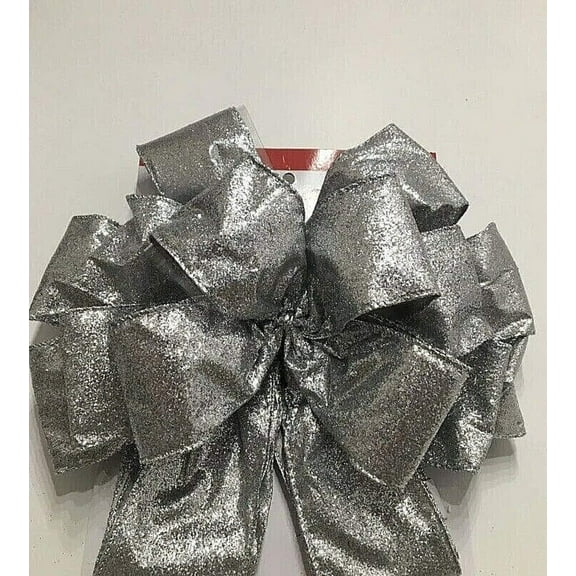 CELEBRATE IT WIRED JUMBO RIBBON SILVER GLITTER BOW 10" across
