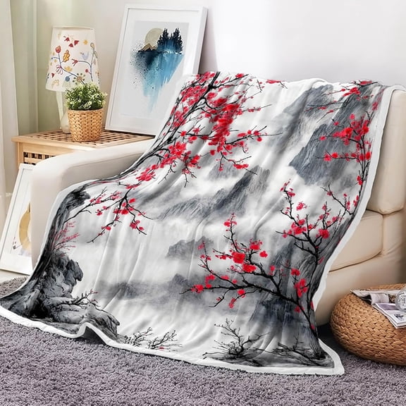 Japanese Cherry Blossom Throw Blanket, Asian Nature Landscape Mountain Cherry Branches Ink Painting Soft Warm Flannel Black White Grey Throw Blanket,60X80