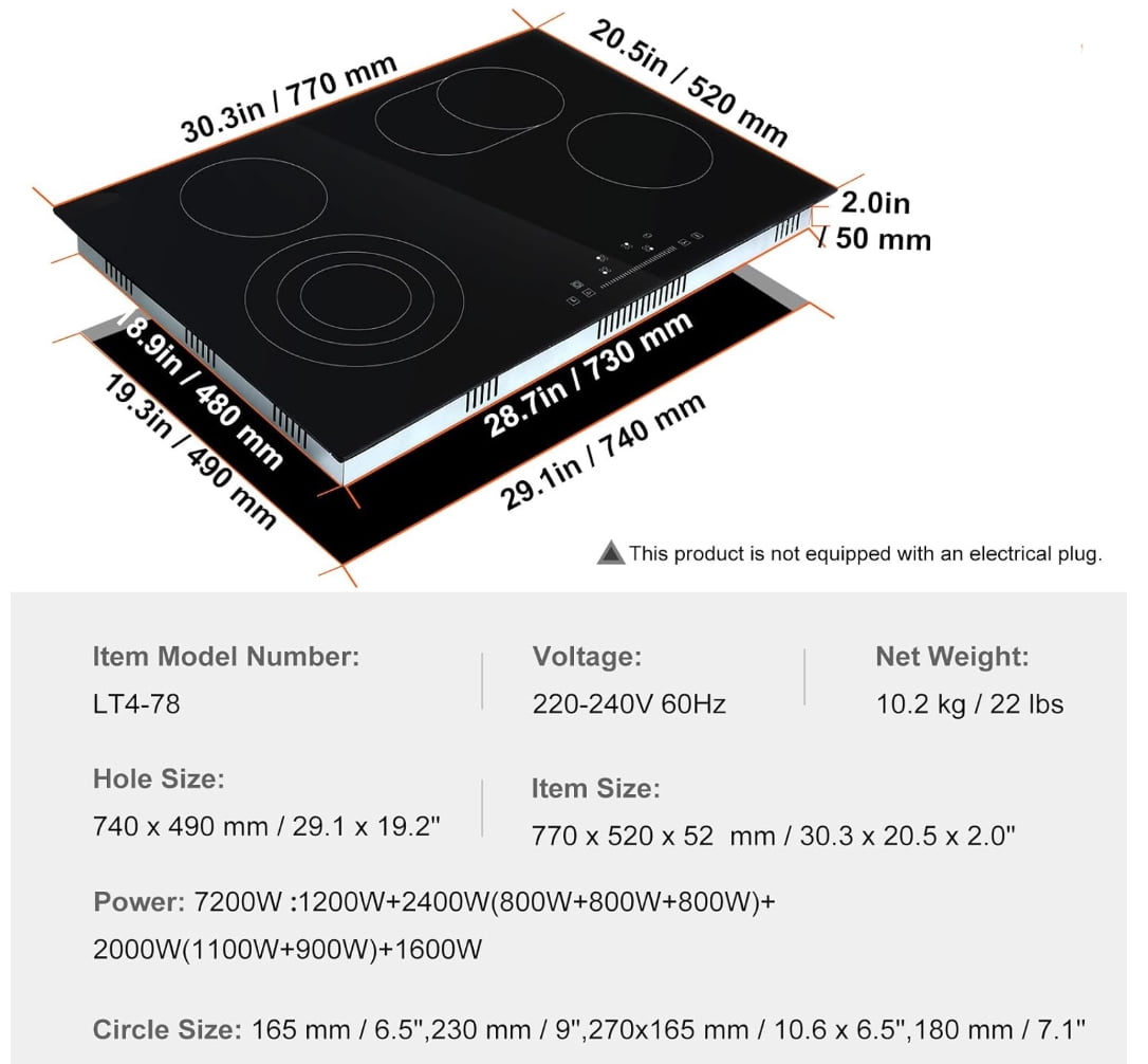 SKYSHALO Built-in Electric Cooktop Radiant Ceramic Cooktop 4 Burners 30.3x20.5 inch