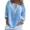 thumbnail image 2 of Blue Womens Blouses Women's Cotton Linen Shirt Solid Color Long Sleeves and V Neck Casual Loose T Shirt Ladies Tops and Blouses, 2 of 5