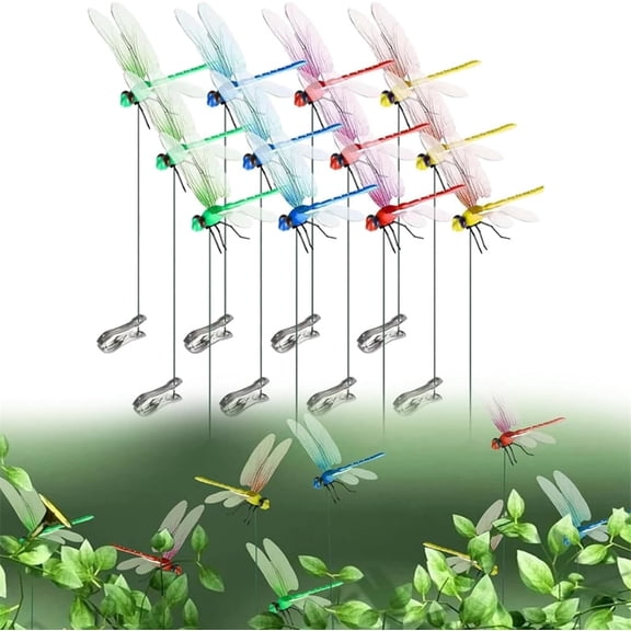 Duslogis Artificial Dragonfly Pole Clips for Outdoors，Dragonfly Hat Clip，Outdoor Horticultural Dragonfly Decoration，3D Dragonfly Garden Decorative Clips（12pcs）