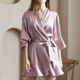 thumbnail image 2 of Defitshape Women's Lightweight Satin Thin Loungewear Kimono Bath Robe 3/4 Sleeve Bathrobe V Neck Pink X-Large, 2 of 5