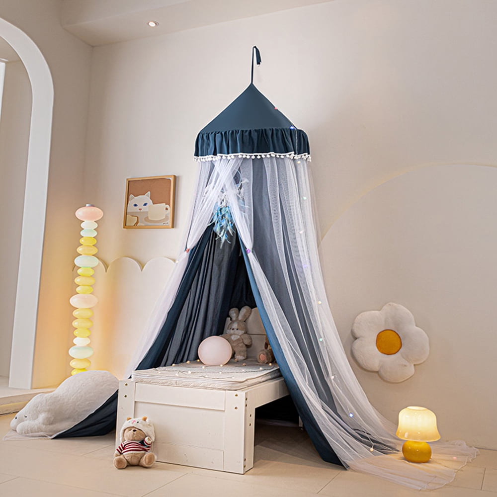 Qelus Bed Canopy for Kids' Bed, Double Layer Canopy Bed Curtains Pompom Ceiling-Mounted Mosquito Net Foldable Prince Princess Cute Tent for Children Reading Nook