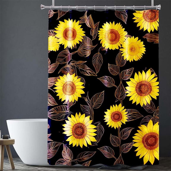 Sunflower Boho Shower Curtain | Black & Yellow Cute Floral Bathroom Decor