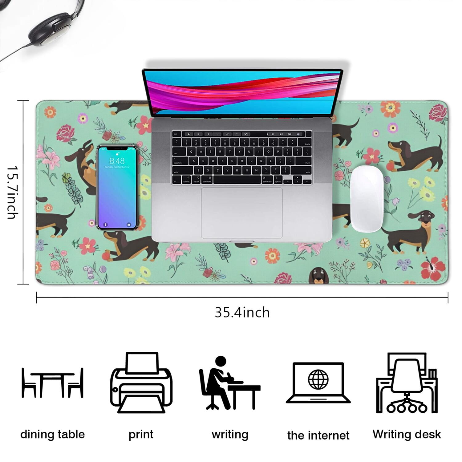 Long Mouse Pads for Desk,Dachshunds and Pioneer Flower Desk Mats on Top Of Desks, Desk Mouse Pad Extra Large with 3mm Non-Slip Base and Stitched Edge for Gaming,Office,Work,Home 35.4"x15.7"