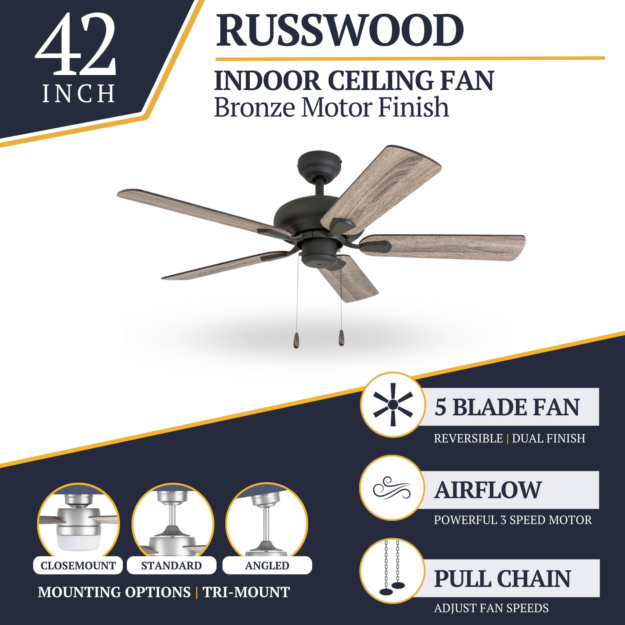 Prominence Home Russwood 42" Bronze Ceiling Fan with 5 Blades, Pull Chain & Reverse Airflow