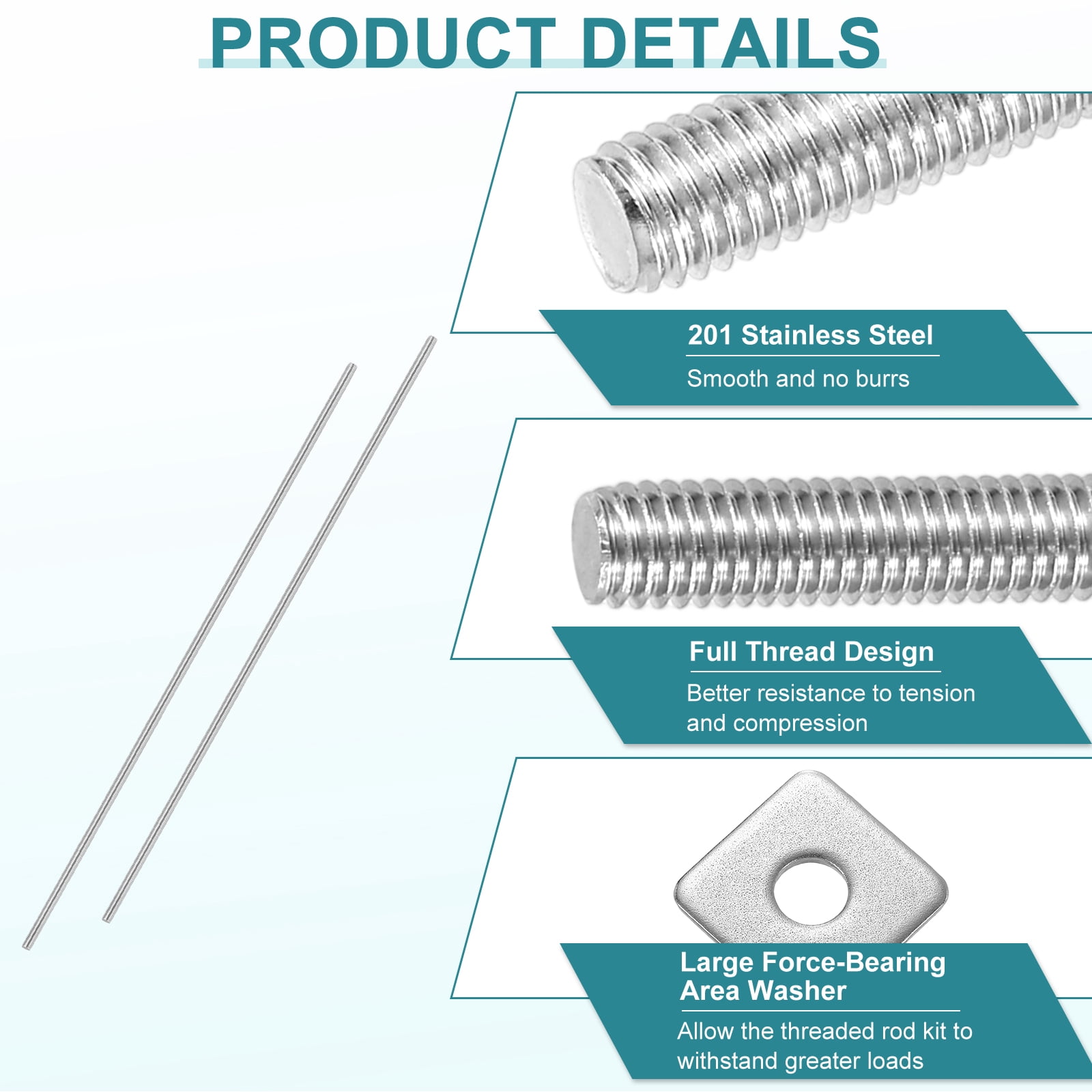 2Pcs Fully Threaded Rod, M10 x 500mm 201 Stainless Steel with Nuts Washers