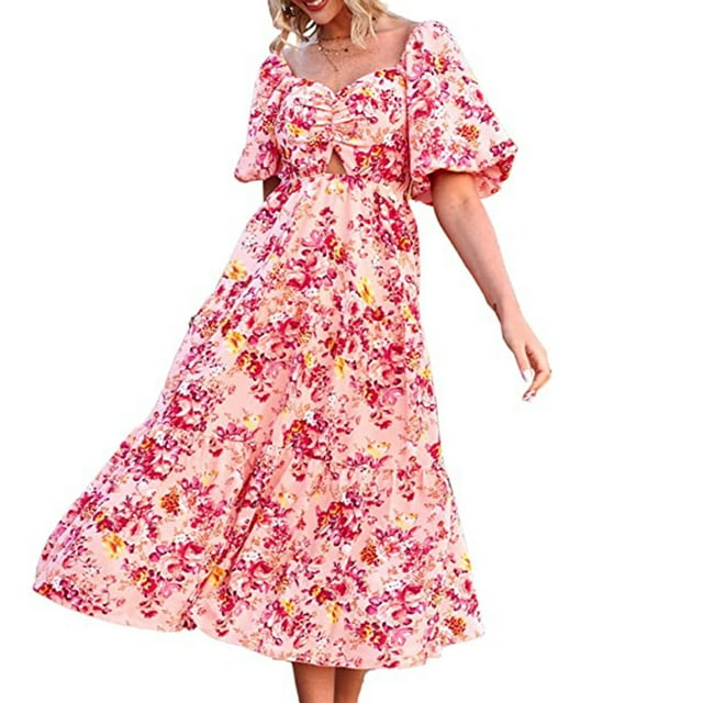 TIMIFIS Robes d'Été Rouges pour Femmes Robes d'Été Boho Décontractées Fluides Plage Col Carré Manches Courtes Bouffantes Dos Smocké Boho Floral Longue Maxi Robe pring