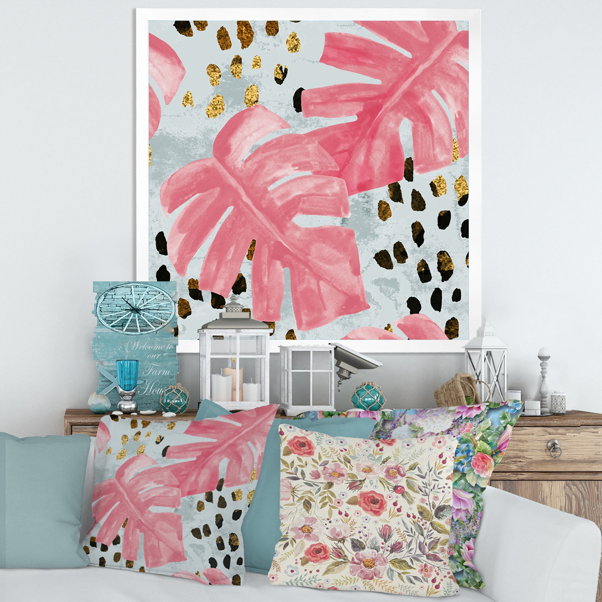 Designart 'Rough Brush Strokes Pink Colored Monstera II' Tropical Framed Art Print