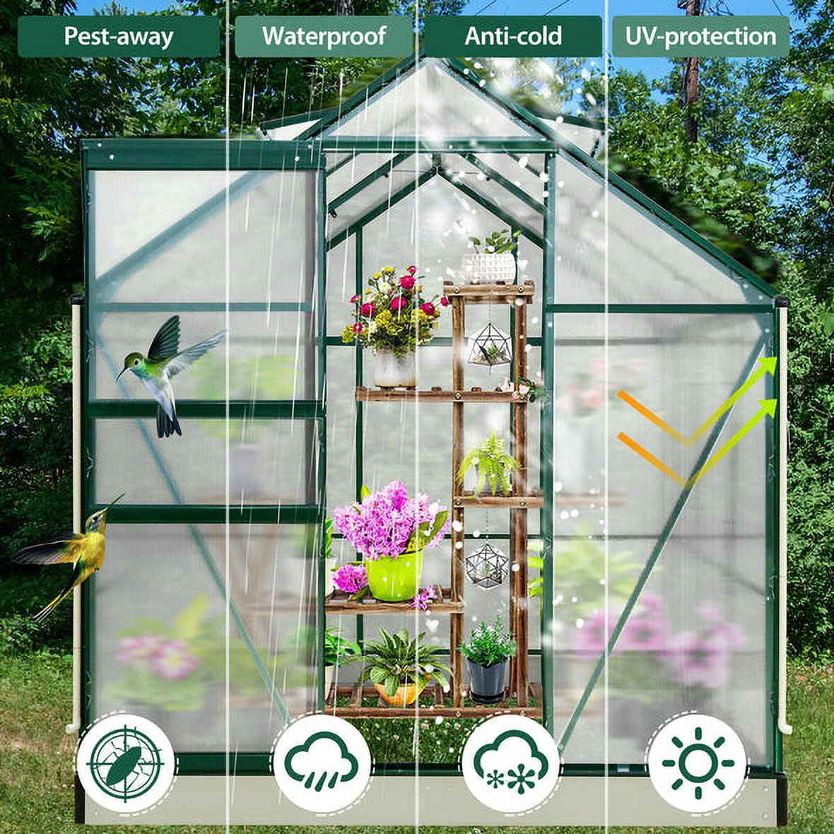 EAGLE PEAK 6x6x7 Outdoor Walk-in Hobby Greenhouse, Polycarbonate Aluminum Greenhouse with Adjustable Roof Vent and Rain Gutter, Base and Anchor, Dark Green