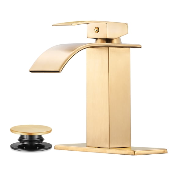 Waterfall Single Handle Single Hole Bathroom Faucet With Deckplate and Pop-Up Drain Assembly in Brushed Gold